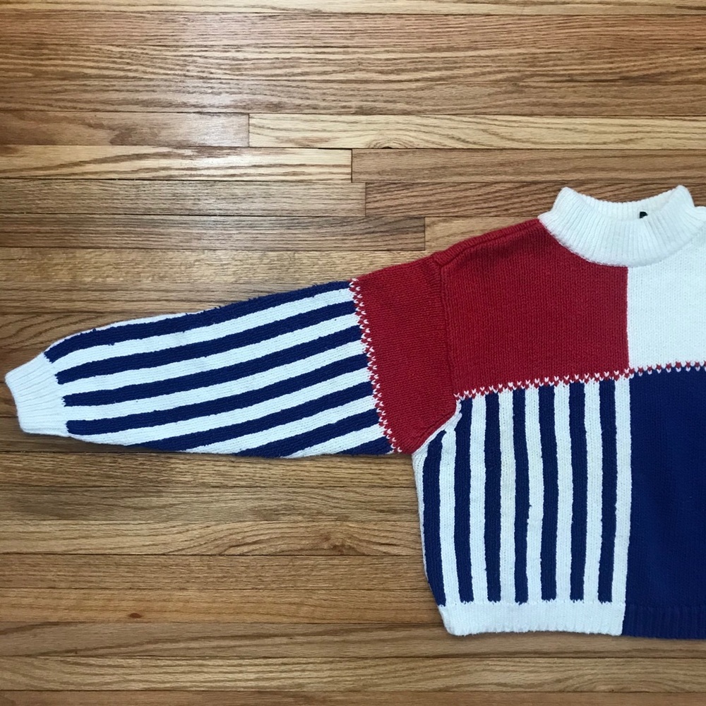 Vintage Crop Red White & Blue Mock-neck Sweater - Picture 2 of 11